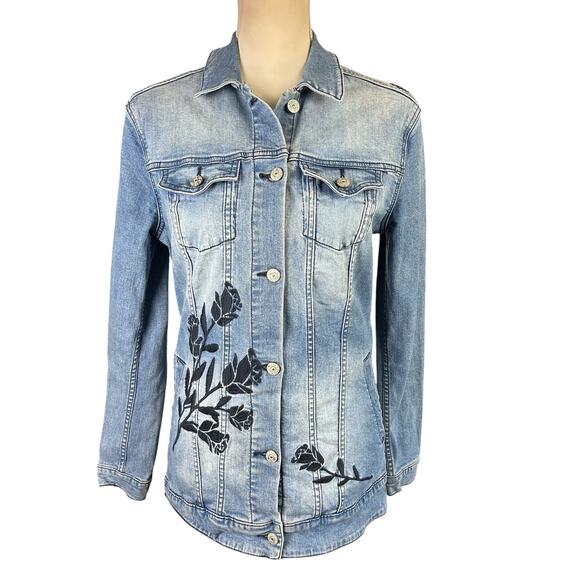 LuLaRoe Jackets & Blazers - LuLaRoe Jaxon Jean Jacket Women Small Blue Floral Embroidered Denim Button Up